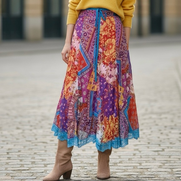 GEFF GALLANO SILK LACE FLORAL SPRING MAXI SKIRT - Picture 8 of 14